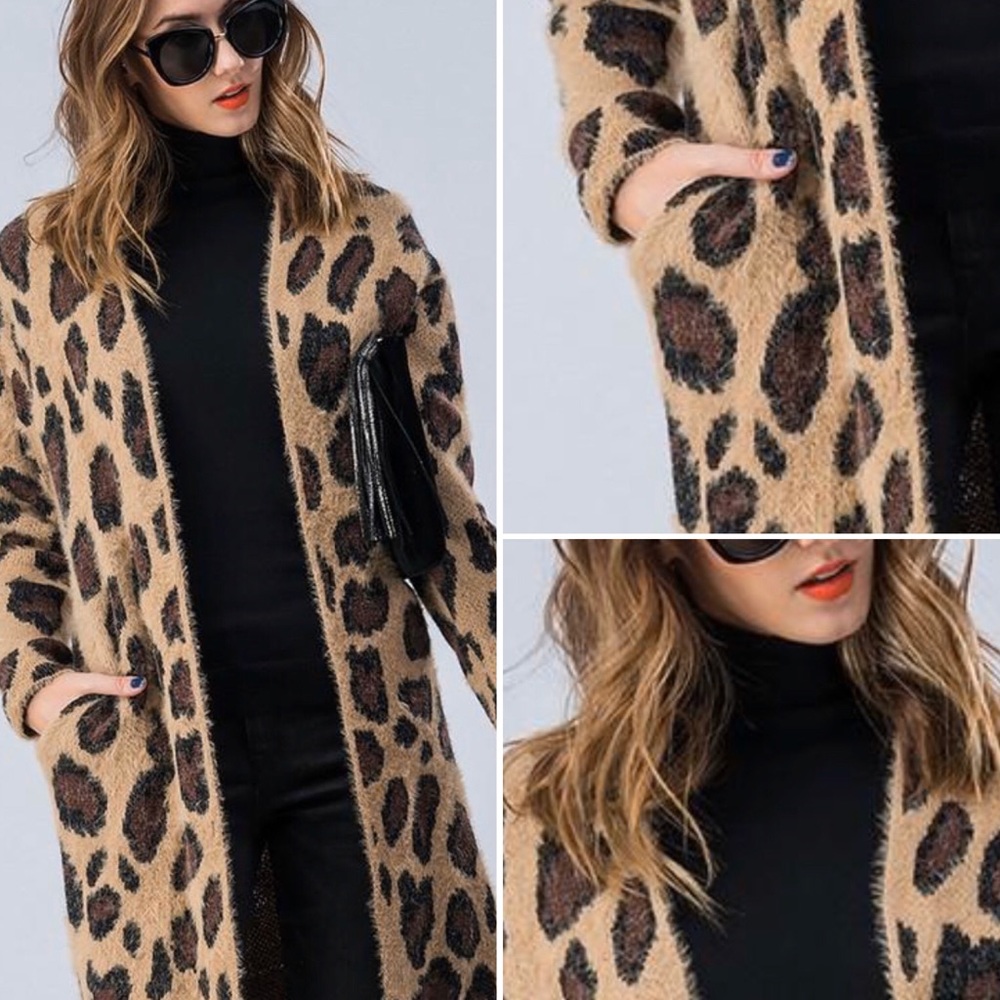 Leopard print 🤎Fuzzy long-line open cardigan M/L